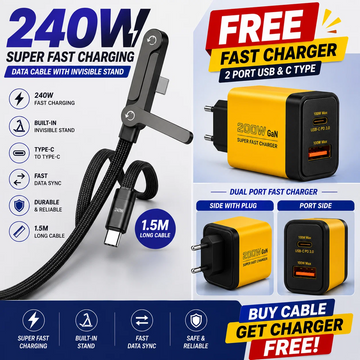 240W Fast Charging Cable with Invisible Stand + Free Fast Charger